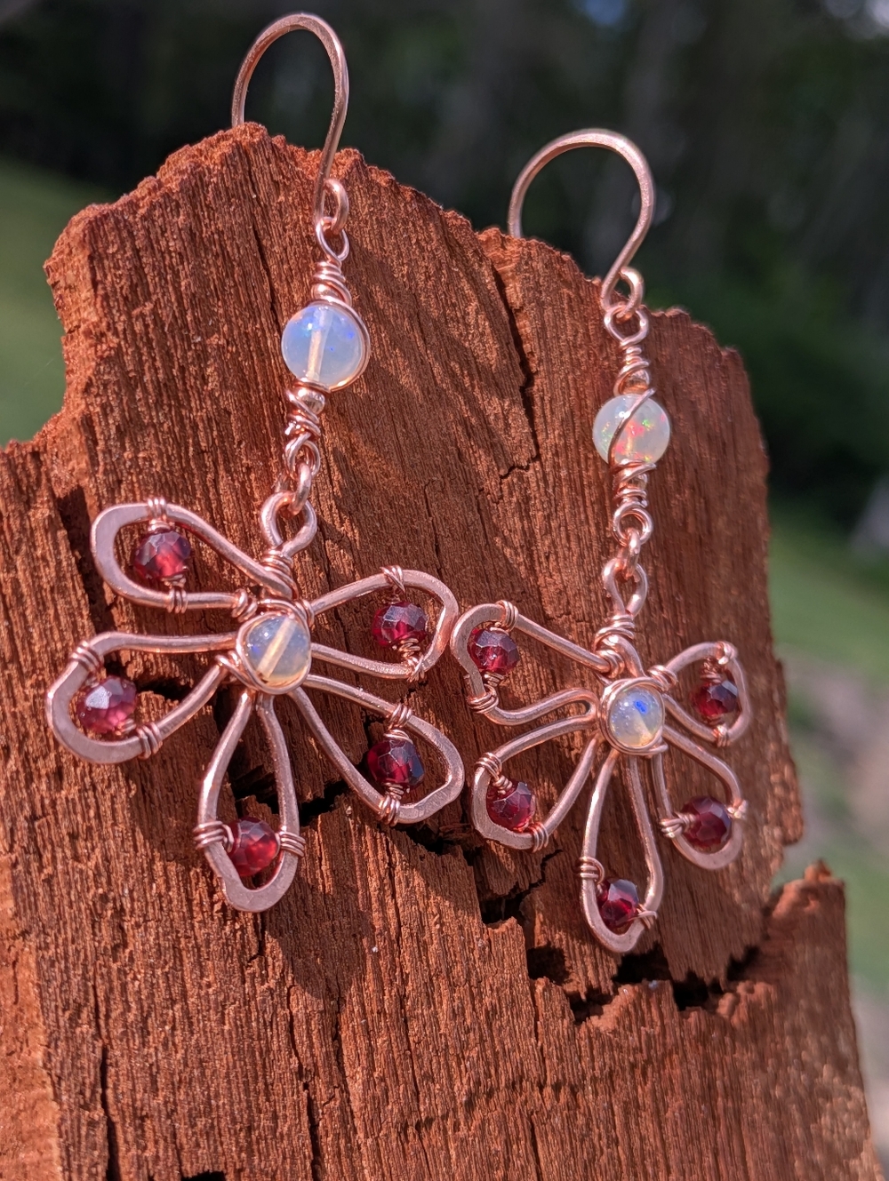 Copper Flower Earrings- Welo Opal And Garnet Gemstones